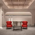 Modern Luxury Clothing Store Interior With Red Chair White Table Arched Doors And Columns