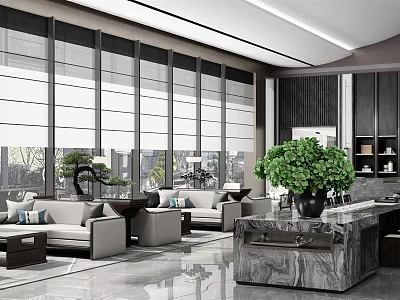 Modern Lounge Area With Large Windows Comfortable Sofas Coffee Tables And Green Plants 3d model
