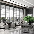 Modern Lounge Area With Large Windows Comfortable Sofas Coffee Tables And Green Plants
