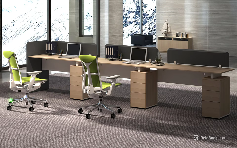 Modern Office Desk Workstations with Computer Monitors Green Chairs File Cabinets and Large Windows 3d model 