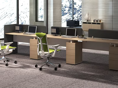 Modern Office Desk Workstations with Computer Monitors Green Chairs File Cabinets and Large Windows 3d model