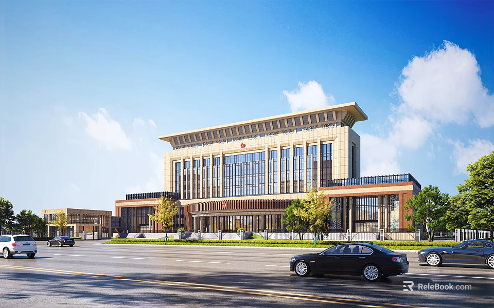 Modern Sales Office Building Exterior Design With Stone Facade Glass Windows And Surrounding Trees 3d model 
