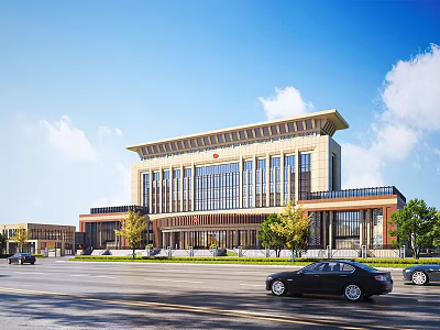 Modern Sales Office Building Exterior Design With Stone Facade Glass Windows And Surrounding Trees 3d model