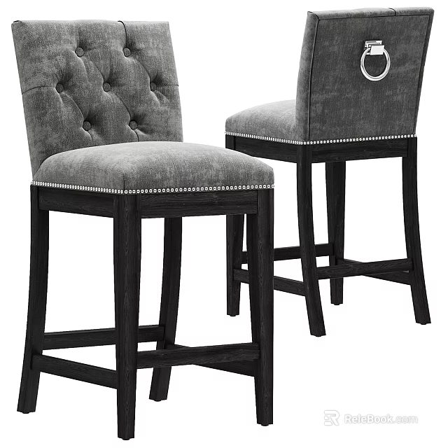 Gray Upholstered Bar Stool With Tufted Back Black Wooden Legs And Nailhead Trim 3d model 