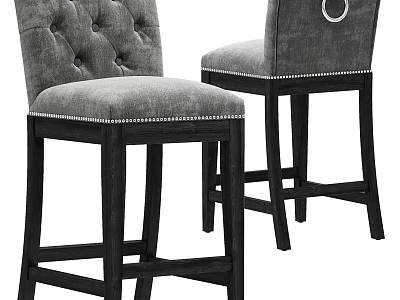 Gray Upholstered Bar Stool With Tufted Back Black Wooden Legs And Nailhead Trim 3d model