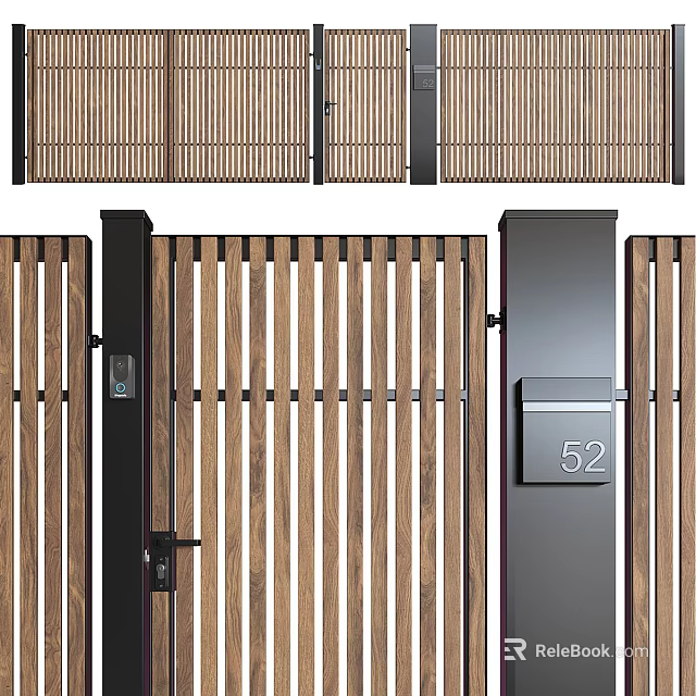 Modern Minimalist Entrance Gate Design With Wooden Slatted Panels Metal Frame And House Number 52 3d model 