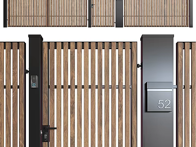 Modern Minimalist Entrance Gate Design With Wooden Slatted Panels Metal Frame And House Number 52 3d model