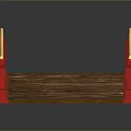 Japanese Style Red Wooden Bridge With Curved Design And Golden Railings