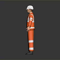 Man Wearing Orange Work Uniform With Reflective Stripes And White Safety Helmet Standing On Gray Background
