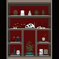Modern Decorative Ornaments Set On Multilayer Display Shelf With Red Background Vases Sculptures And Potted Plant
