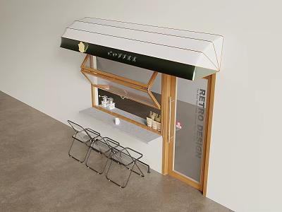 White and Green Awning for Cafe Entrance with Folding Chairs and Display Shelf 3d model
