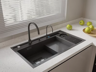 Modern Kitchen Countertop With Grey Double Bowl Sink Faucet And Apples Near Window Blinds 3d model