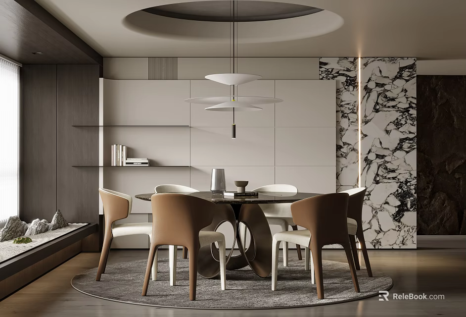 Elegant Modern Restaurant Interior With Round Dining Table Pendant Lights And Marble Wall 3d model