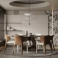 Elegant Modern Restaurant Interior With Round Dining Table Pendant Lights And Marble Wall 3d model