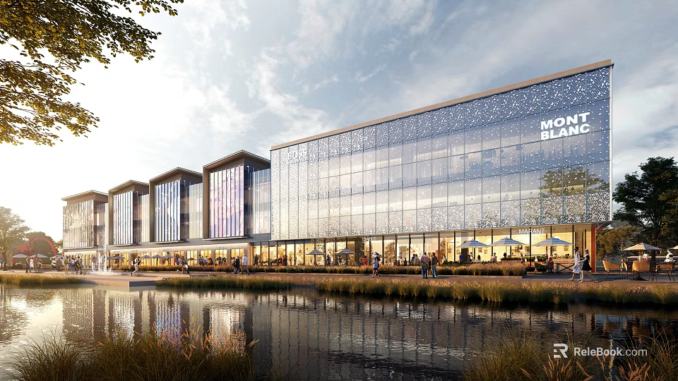 Modern Commercial Complex Featuring Glass Curtain Walls Waterfront View And Lush Greenery Outdoor Space 3d model 
