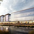 Modern Commercial Complex Featuring Glass Curtain Walls Waterfront View And Lush Greenery Outdoor Space