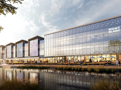 Modern Commercial Complex Featuring Glass Curtain Walls Waterfront View And Lush Greenery Outdoor Space 3d model