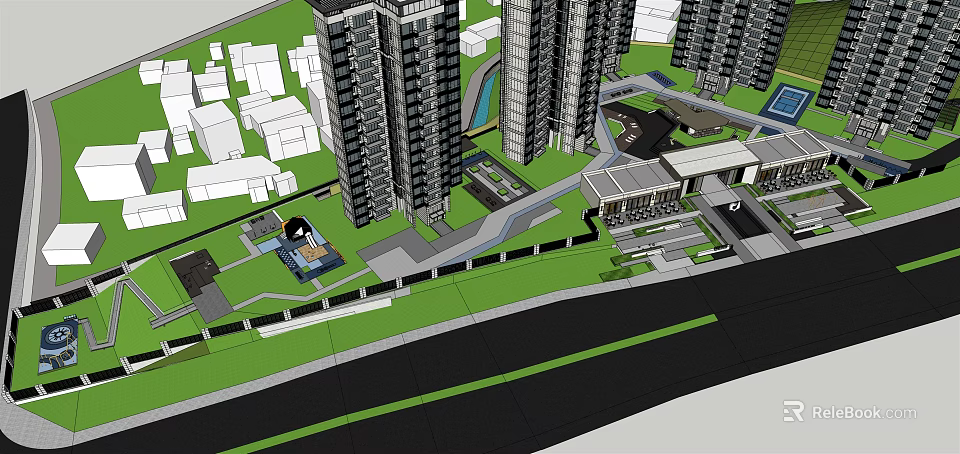 Modern Garden Landscape Design with High Rise Buildings Green Lawns Paths and Water Features 3d model 