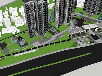 Modern Garden Landscape Design with High Rise Buildings Green Lawns Paths and Water Features 3d model
