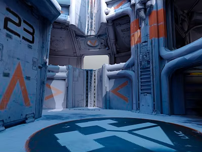 Cartoon Style Sci Fi Corridor Featuring Number 23 Blue Orange Elements Pipes And Circular Sign 3d model