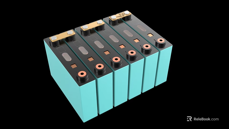 Teal Colored Batteries Arranged In Pack With Metal Terminals And Circular Ports 3d model 