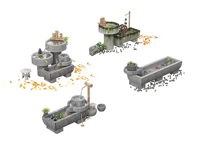 Decorative Stone Water Fountains With Layered Structure Small Plants Pebbles And Fallen Leaves 3d model