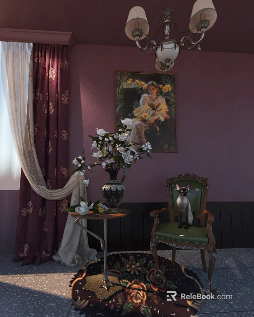 Vintage Table And Chair Set With Purple Wall Floral Curtains Painting Vase And Siamese Cat 3d model 