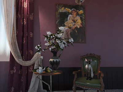 Vintage Table And Chair Set With Purple Wall Floral Curtains Painting Vase And Siamese Cat 3d model