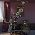 Vintage Table And Chair Set With Purple Wall Floral Curtains Painting Vase And Siamese Cat
