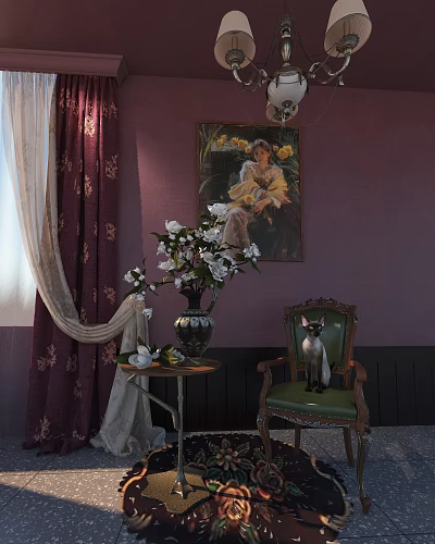 Vintage Table And Chair Set With Purple Wall Floral Curtains Painting Vase And Siamese Cat 3d model
