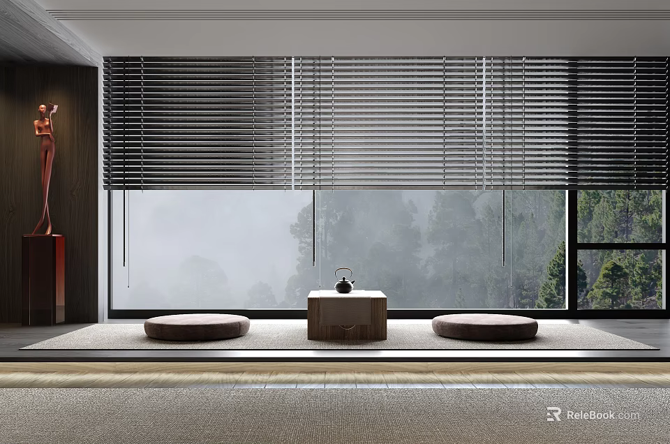 Serene Home Balcony Design With Window Blinds Small Wooden Table Round Cushions And Mountain View 3d model 