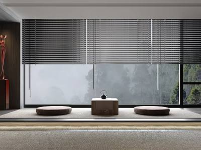 Serene Home Balcony Design With Window Blinds Small Wooden Table Round Cushions And Mountain View 3d model