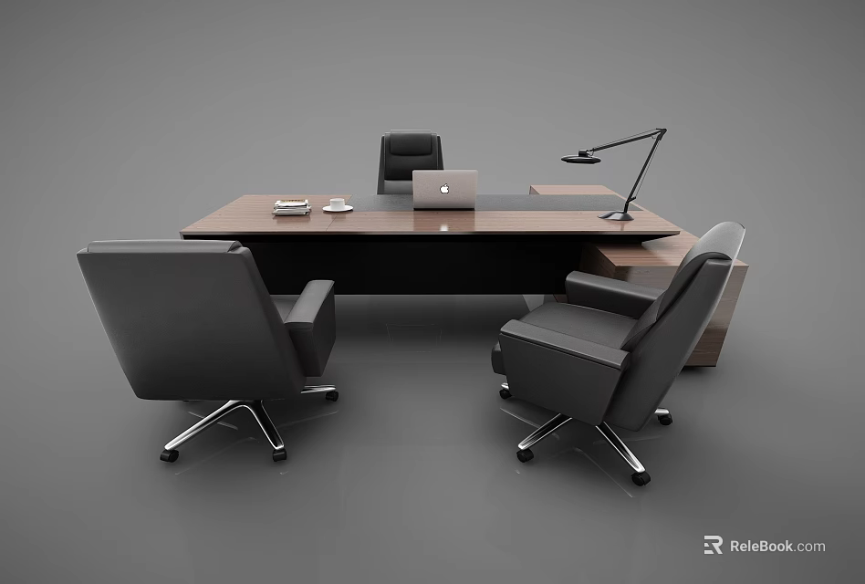 Stylish Office Desk Setup With Ergonomic Chairs Laptop And Desk Lamp 3d model 