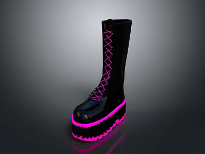 Black Platform Boots With Pink Neon Laces And Glowing Thick Soles For Edgy Fashion 3d model