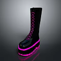 Black Platform Boots With Pink Neon Laces And Glowing Thick Soles For Edgy Fashion
