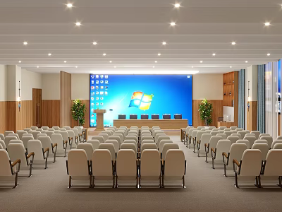 Conference Room Interior Featuring White Chairs Large Screen Windows Logo Wooden Walls And Green Plants 3d model