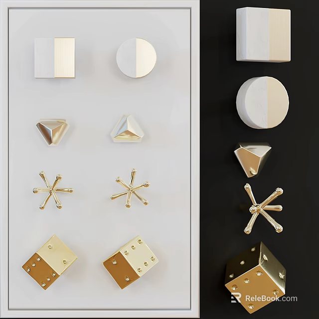 Modern Geometric Decorative Items with Gold White Shapes on Black Background 3d model