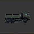 Detailed Olive Green Military Truck With Open Cargo Bed And Multi Wheel Design