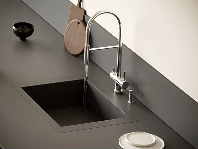 Modern Kitchen Faucet with Black Sink on Dark Countertop and Wooden Cutting Board 3d model
