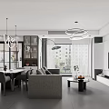 Modern Living Dining Room Interior With Sofa Dining Table And Pendant Lights 3d model