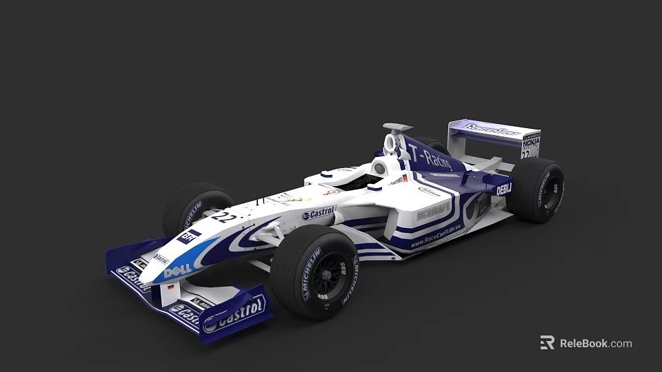 White And Blue Formula 1 Race Car With Aerodynamic Body And Sponsor Logos 3d model 