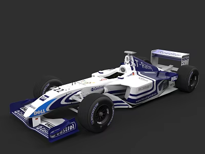 White And Blue Formula 1 Race Car With Aerodynamic Body And Sponsor Logos 3d model