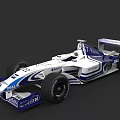 White And Blue Formula 1 Race Car With Aerodynamic Body And Sponsor Logos