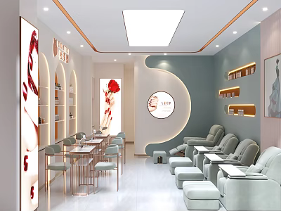 Modern Beauty Hair Salon Interior Featuring Light Blue Walls Circular Mirror Nail Chairs Display Shelves 3d model