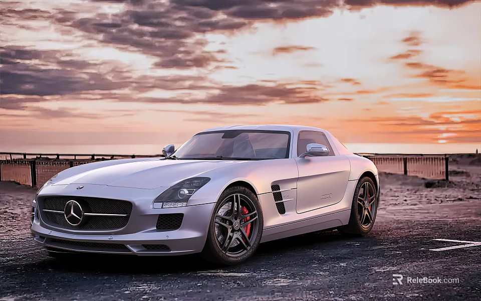 Silver Mercedes Benz Sports Car In Coastal Sunset 3d model 