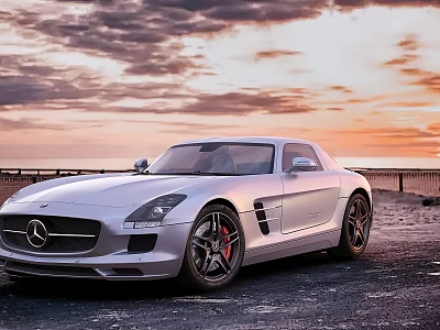 Silver Mercedes Benz Sports Car In Coastal Sunset 3d model