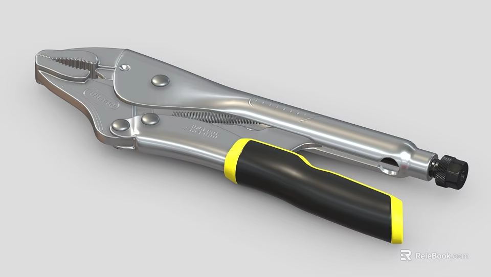Silver Metal Locking Pliers With Black And Yellow Handle And Serrated Jaws 3d model 