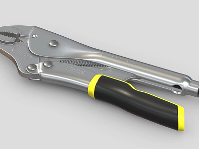 Silver Metal Locking Pliers With Black And Yellow Handle And Serrated Jaws 3d model