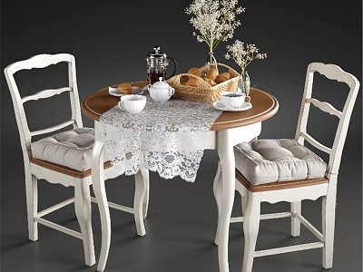 Round Wooden Table With White Cushioned Chairs Lace Tablecloth Bread Teapot And White Flowers 3d model