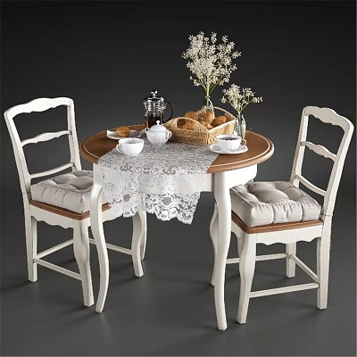 Round Wooden Table With White Cushioned Chairs Lace Tablecloth Bread Teapot And White Flowers 3d model